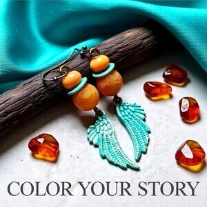 Angel Wings ~ Love & Protection ~ Verdigris Patina Paint + Orange Frosted Agates